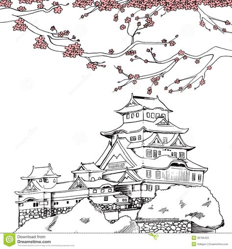 Japanese Sakura Drawing | art illustration of Japanese Himeji castle at spring with pink sakura ... Himeji Castle Drawing, Japan Line Art, Japanese Castle Drawing, Japanese Temple Drawing, Japanese Architecture Drawings, Sakura Drawing, Bullet Journal Japan, Japan Sketch, Japan Drawing