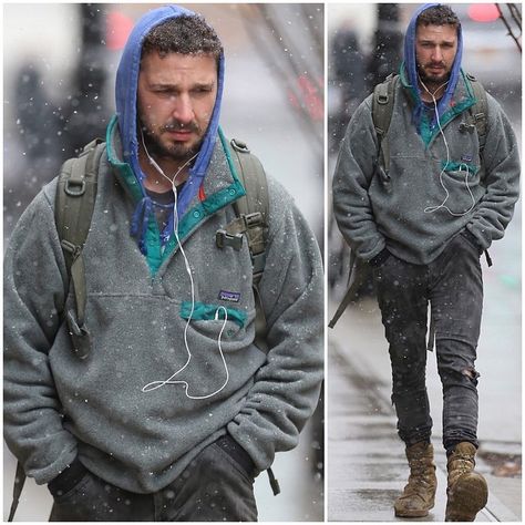 Shia LaBeouf Braves the NYC Weather in Patagonia Sweatshirt | UpscaleHype Patagonia Synchilla Outfit, Mens Jackets Fall, Patagonia Style, Patagonia Sweatshirt, Patagonia Outfit, Fleece Outfit, Shia Labeouf, Dad Fashion, Vintage Patagonia