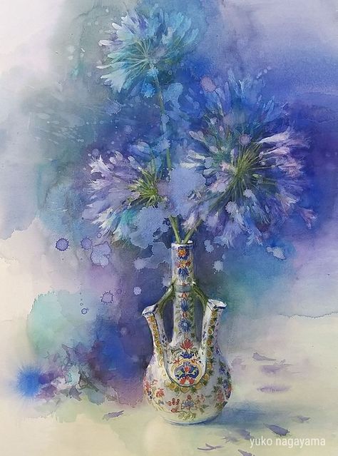 Yuko Nagayama, Contemporary Botanical Art, Book Watercolor, Blue Fireworks, Aqua Paint, Flowers Art, Japanese Artists, Still Life Painting, Botanical Art