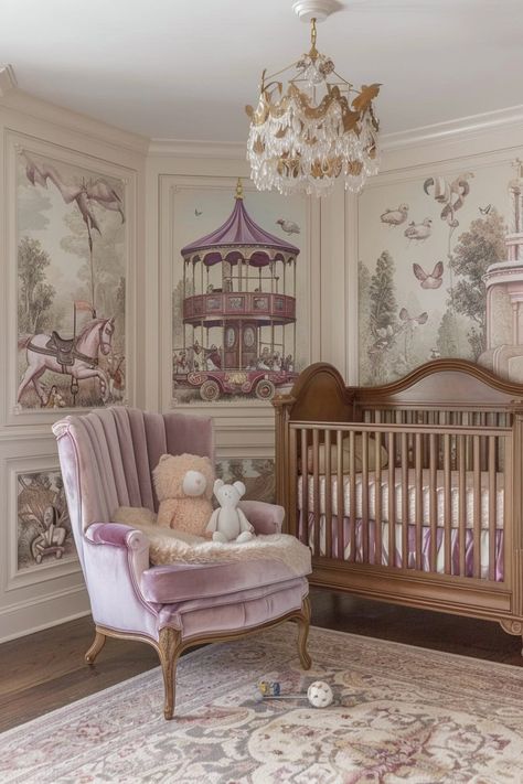 timeless girl nursery Nursery Ideas Wallpaper, Vintage Nursery Girl, Bridgerton Room, Girly Nursery Ideas, Vintage Baby Room, Twin Nursery Room, Alter Space, Vintage Inspired Nursery, Nursery Aesthetic