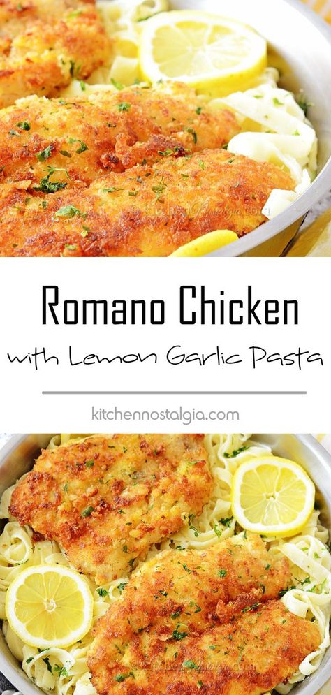 Romano Chicken, Lemon Garlic Cream Sauce, Chicken With Pasta, Panko Breaded Chicken, Chicken With Lemon, Lemon Garlic Pasta, Garlic Cream Sauce, Chicken Entrees, Garlic Pasta