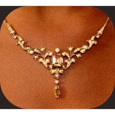 1800's Victorian Citrine Seed Pearl 15k Lavalier Necklace ($2,950) ❤ liked on Polyvore featuring jewelry, necklaces, pearl jewelry, pearl jewellery, engraved jewelry, white pearl necklace and citrine jewelry Victorian Era Jewelry, Vintage Necklace Victorian, 1800s Jewelry, 1950s Jewelry, Choker Necklace Designs, Gold Bridal Necklace, Antique Gold Jewelry Indian, Jewelry Set Design, Citrine Jewelry