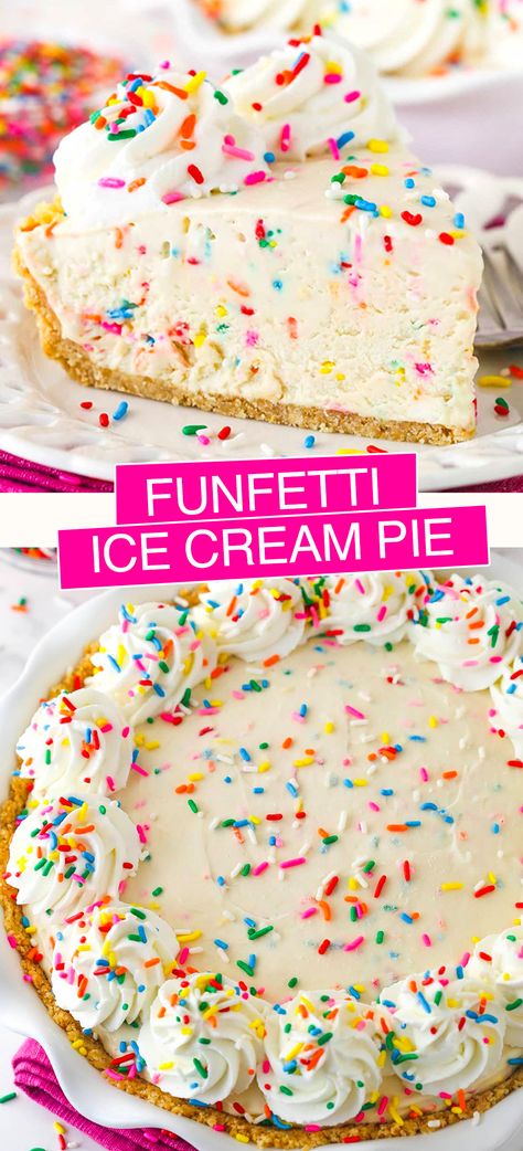 This Cake Batter Ice Cream Pie has a light, creamy no-churn ice cream filling that’s flavored with cake mix! It’s full of colorful sprinkles and set in a vanilla wafer crust. It’s easy to make with simple ingredients and no machine required! Vanilla Ice Cream Cake Homemade, Vanilla Ice Cream Pie, Ice Cream Smash Cake, Ice Cream Pie Recipes Easy, Ice Cream Pie Recipes, Birthday Cake Pie, Funfetti Ice Cream, Vanilla Ice Cream Cake, Birthday Pies