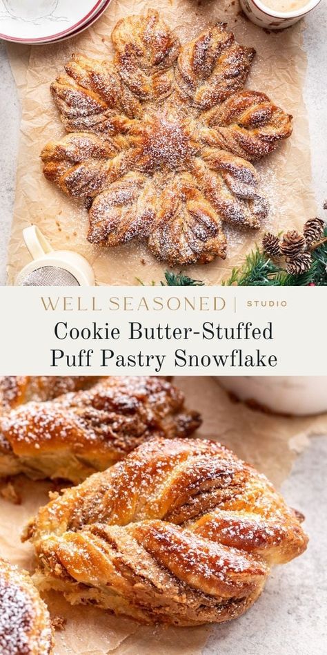 Easy Cookie Butter Puff Pastry Snowflake Cinnamon Roll Snowflake With Puff Pastry, Snowflake Pastry Puff, Biscoff Puff Pastry Twists, Cookie Butter Puff Pastry, Gingerbread Puff Pastry, Puff Pastry Snowflake Cinnamon, Flaky Pastry Recipe Desserts, Christmas Desserts Puff Pastry, Three Kings Day Food