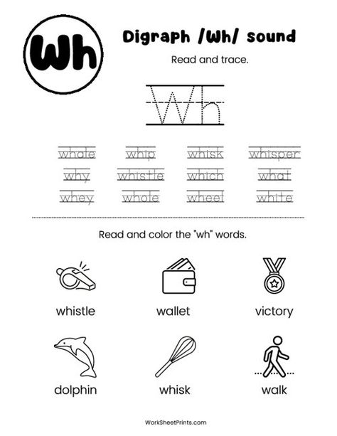 Digraph 'wh' Worksheet | Kindergarten Worksheets Th Worksheet, Wh Sound Worksheet, Digraph Worksheets Kindergarten Free, Diagraph Worksheet For Kids, Digraphs Worksheets For Grade 1, Wh Digraph Worksheets Free, Wh Digraph Worksheets, Digraph Wh Worksheet, Ch Sound