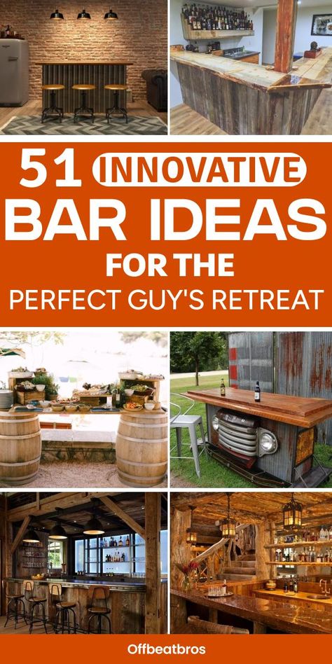 Finding the right Man Cave Bar Ideas can be overwhelming. These 51 DIY designs will help you create a stunning man shed bar that’s perfect for any occasion. Don’t forget to save this pin for all your bar makeover needs! Makeshift Bar Ideas, Diy Bar Build, Unusual Bar Ideas, Diy Rustic Bar Ideas, Bar Fronts Ideas, Diy Bar Top Ideas, Country Bar Ideas, Diy Man Cave Bar, Wood Bar Design