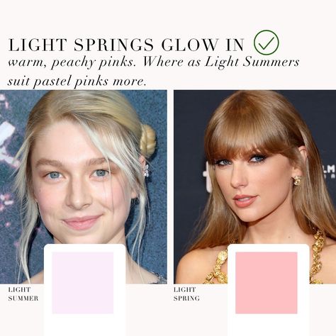 Showing the differences between the pinks that most suit Light Summer and Light Spring. Light Summers suit a pastel pink while Slight Springs suit warm peachy pinks. Makeup For Light Summer, Spring Vs Summer Color Analysis, Light Spring Vs Light Summer, Light Summer Makeup Palette, Light Spring Makeup Look, Summer Undertone, Light Spring Outfits, Summer Pallet, Season Analysis