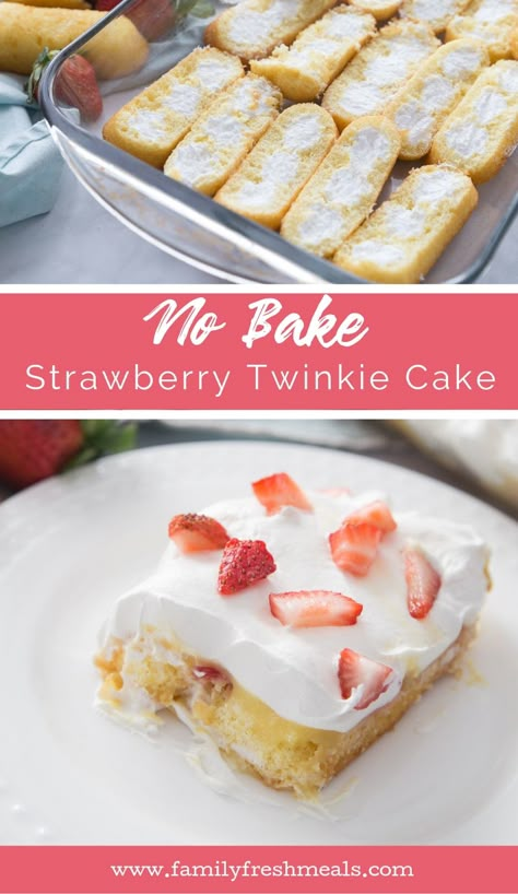 No Bake Strawberry Twinkie Cake recipe #familyfreshmeals #cake #nobake #strawberry #twinkie #twinkiecake #summerrecipe Twinkie Cake Recipe, Twinkie Desserts, Twinkie Cake, Bubble Bread, Cake Strawberry, Family Fresh Meals, Baked Strawberries, Special Desserts, Fun Recipes