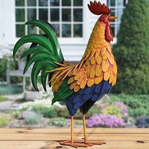 Metal Rooster Decor, Recycled Garden Planters, Rooster Garden, Floor Sculpture, Rooster Statue, Metal Rooster, Ceramic Rooster, Metal Chicken, Garden Figurines