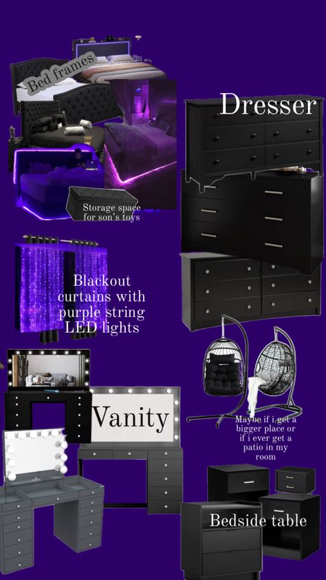 Smallish room Purple And Black Room Ideas, Purple Room Ideas Bedrooms, Purple And Black Room, Black Themed Bedroom, Purple Room Ideas, Room Theme Ideas, Black Room Ideas, Bedroom Art Painting, Purple Room