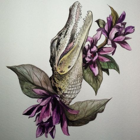 Laughing Baby Gator and Floral Watercolor by v.steiner IG Alligator Tattoo, Crocodile Tattoo, Alligators Art, Frida Art, 8x10 Art Prints, Animal Sketches, Arte Animal, Art Plastique, Tattoo Drawings