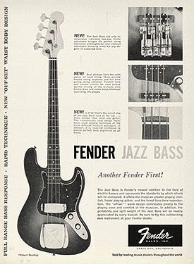 1960: The first ad for the new Jazz Bass Bass Guitar Poster, Types Of Bass Guitars, Guitars Poster, Fender Jazz Bass Guitar, Fender Poster, Music Advertisement, Bass Guitar Art, Jazz Bass Guitar, Guitar Poster