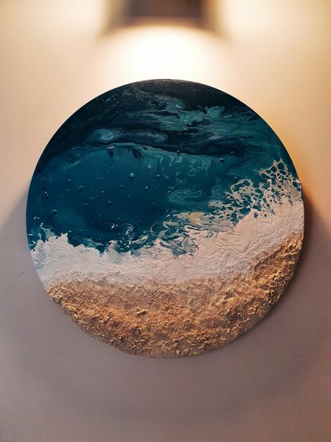 Beach Painting Circle Canvas, Tekscher Painting, Circular Canvas Painting Ideas, Round Canvas Painting, Wave Art Painting, Ocean Texture, Ocean Art Painting, Abstract Painting Diy, Art Deco Paintings