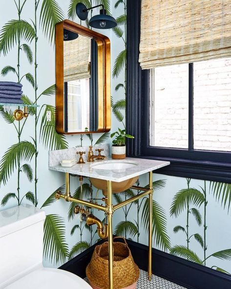 5 Decor Trends To Make Your Apartment More 'Instagrammable' Palm Beach Interiors, Blue White Bathroom, Upholstered Banquette, Palm Wallpaper, Roman Shade, Small Bathroom Storage, White Kitchen Cabinets, Farmhouse Table, White Cabinets