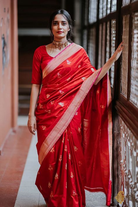 Tarang - Tilfi Red Sarees Bridal, Red Sarees Silk, Silk Saree Red Colour, Red Saree Traditional Look, Red Silk Saree Blouse Designs, Red Katan Silk Saree, Red Banarasi Saree Look, Banaras Katan Silk Saree, Red Benarasi Saree