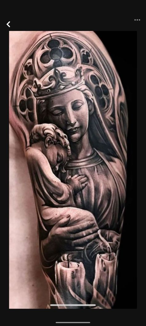 Saint Maria Tattoo, Religous Tattoo Arm Sleeve, Madonna Tattoo, Religous Tattoo, Maria Tattoo, Jesus Tattoo Design, Arm Tattoos For Guys Forearm, In Loving Memory Tattoos, Biblical Tattoos