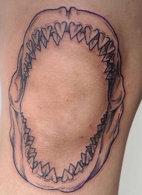 Megalodon Jaw Tattoo, Sharknado Tattoo, Shark Jaw Tattoo Elbow, Jaws Tattoo, Shark Jaw Tattoo, Shark Jaws Tattoo, Ocean Aesthetics, Shark Tooth Tattoo, Mouth Tattoo