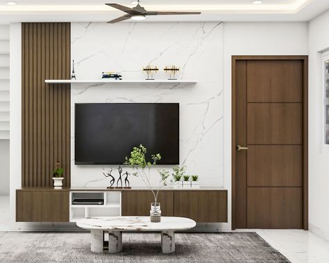 TV Unit Design With Fluted Wooden And Marble Panels | Livspace Tv Unit With Fluted Panels, Tv Wall Wood And Marble, Tv Unit With Marble Back, Fluted Laminate Tv Unit, Wooden Fluted Panel, Marble Background Tv Unit, Marble Texture Laminate Tv Unit, Marble Wall Panel, Low Floor Bed