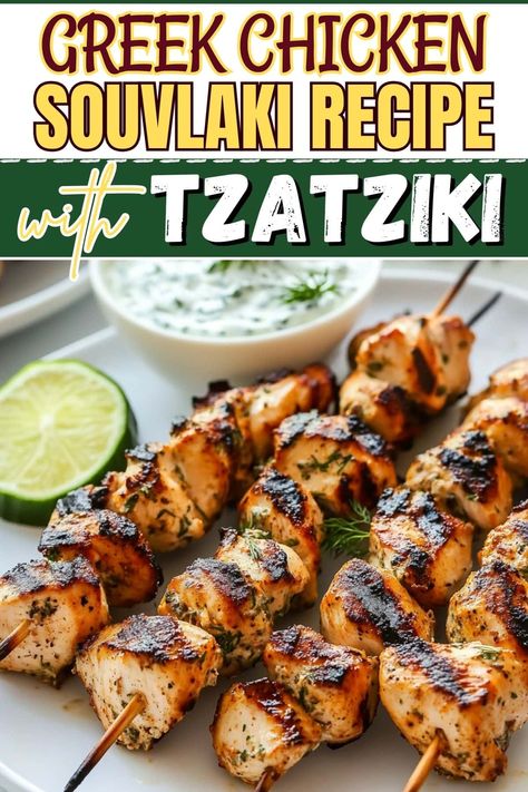 Greek Chicken Dinner Recipes, Slouvaki Chicken, Taziki Chicken Recipes, Greek Chicken Seasoning, Greek Chicken Dinner, Greek Food Party, Greek Chicken Souvlaki Recipe, Chicken Gyros With Tzatziki Sauce, Greek Style Chicken