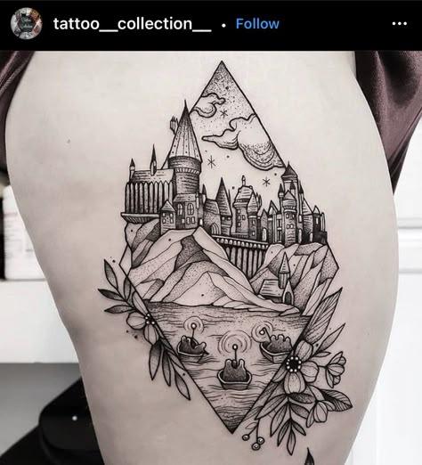 Harry Potter Castle Tattoo, Hogwarts Castle Tattoo, Castle Tattoos, Harry Potter Tattoo Unique, Harry Potter Tattoo Sleeve, Hollow Moon, Hogwarts Tattoo, Harry Tattoos, Hp Tattoo