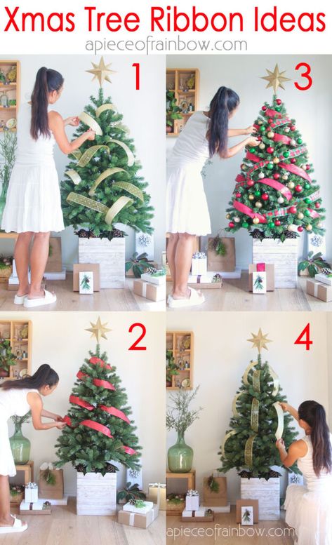 Diy Decorating Christmas Tree, How To Decorate Real Christmas Tree, How To Decorate A Small Christmas Tree Ideas, Christmas Tree Cluster Ideas, Different Ways To Use Ribbon On Christmas Tree, Christmas Tree Decor On A Budget, Decorating A Christmas Tree Step By Step, Easy Way To Put Lights On Christmas Tree, How To Decorate A Pencil Tree Christmas