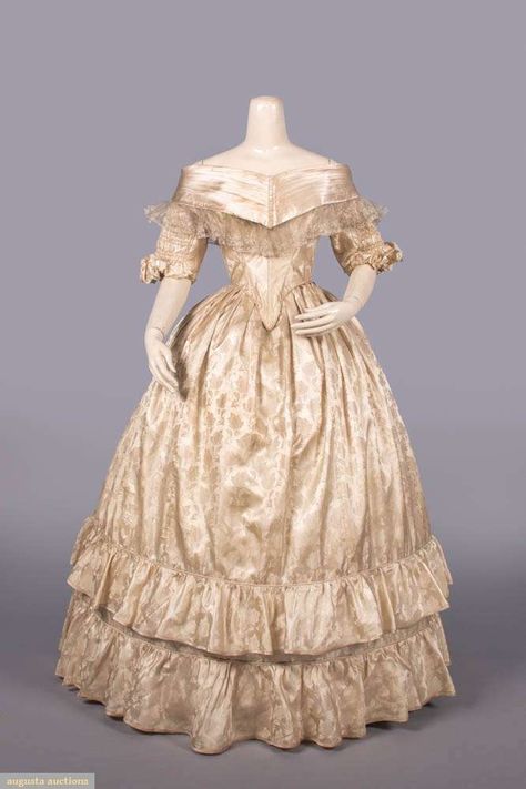 Damask Evening Gown & Bertha, C. 1840, Augusta Auctions,  December 4th, 2024 - Vintage Winter Wonderland 1840s Evening Dress, 1840s Evening Gown, 1890s Evening Gown, 1849 Fashion, 1840s Dress, 1850s Dress, 1840s Fashion, 1850s Fashion, 1830s Fashion