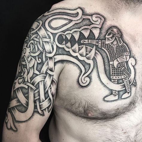 Norse God Tyr In All His War Finery Sacrificing His Sword Hand To The Great Wolf Fenrir, Son Of Loki Viking Tattoos For Men, Traditional Viking Tattoos, Fenrir Tattoo, Scandinavian Tattoo, Viking Tattoo Sleeve, Places To Get Tattoos, Engraving Tattoo, Symbole Viking, Knot Tattoo