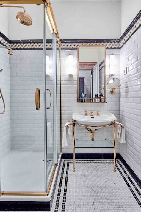 If colours could be soul mates, then black and white are a match made in heaven! Team them in a bathroom and they'll create a striking scheme with lasting impact...#monochrome #bathroom #blackandwhite Black White And Brass Bathroom, Ny Bathroom, Shower Room Ideas, 1920s Bathroom, French Apartment, Shower Style, Shop Bathroom, Black Tile, Art Deco Bathroom