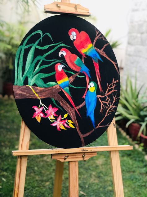 Acrylic painting on black canvas Ramadan Content, Acrylic Painting On Black Canvas, Painting On Black Canvas, Tracing Pictures, Parrot Painting, On Black Canvas, Black Canvas Paintings, Circle Canvas, Round Canvas