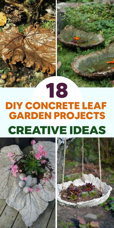 Discover creative inspiration from nature with DIY concrete leaf garden projects! Transform your outdoor space with unique and captivating garden accents by crafting concrete leaf stepping stones. Simply apply concrete mix to the back of a large leaf, allow it to set, and gently remove the leaf to unveil a resilient stepping stone. Elevate your garden decor further by using smaller leaves to design charming concrete leaf bowls or planters. These endeavors are not only imaginative and enjoyable b Cement Crafts Diy, Leaf Stepping Stones, Cement Leaves, Concrete Yard, Concrete Garden Ornaments, Cement Projects, Lake Property, Concrete Leaves, Leaf Projects