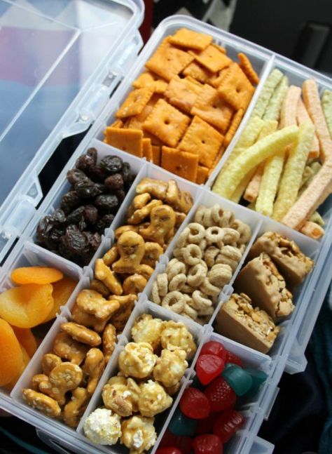 Snacks in a tackle box - Just for fun Travel Food Ideas, Snack Kit, Food Organization, Road Snacks, Car Snacks, Snackle Box, Children Drawing, Road Trip Food, Kid Snacks