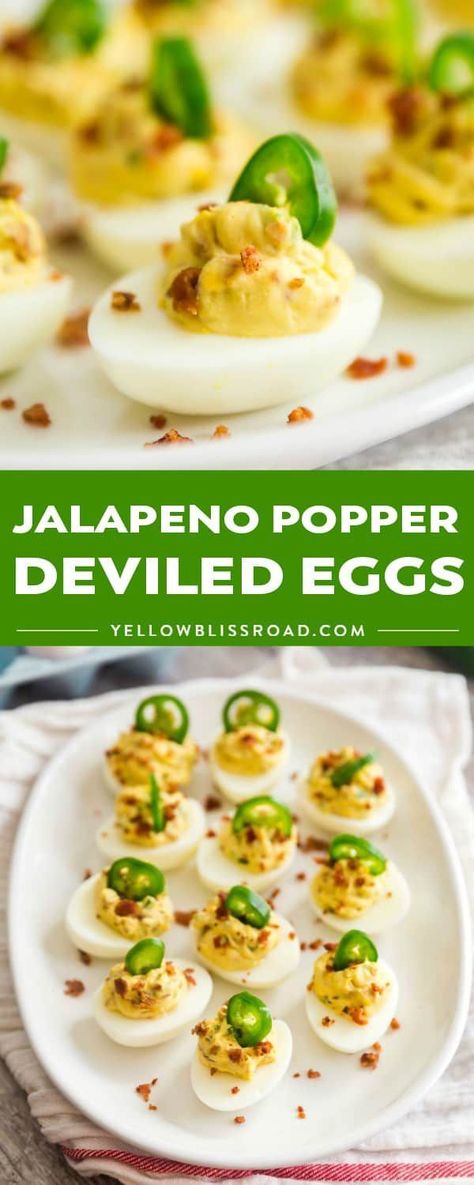 Spicy, savory and oh-so-good, these Jalapeno Popper Deviled Eggs will add a delicious kick to traditional deviled eggs that everyone loves! #yellowblissroad #jalapenos #appetizers Jalapeno Popper Deviled Eggs, Traditional Deviled Eggs, Jalapeno Deviled Eggs, Egg And Grapefruit Diet, Devilled Eggs Recipe Best, Devilled Eggs, Jalapeno Recipes, Fingerfood Party, Jalapeno Popper