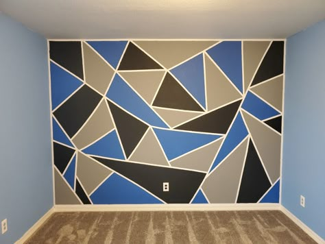 Abstract Wall Bedroom, Geometric Wall Paint Blue, Blue Wall Design, Blue Geometric Wall, Geometric Wall Paint, Blue Wall Colors, House Balcony Design, Light Blue Walls, Triangle Wall