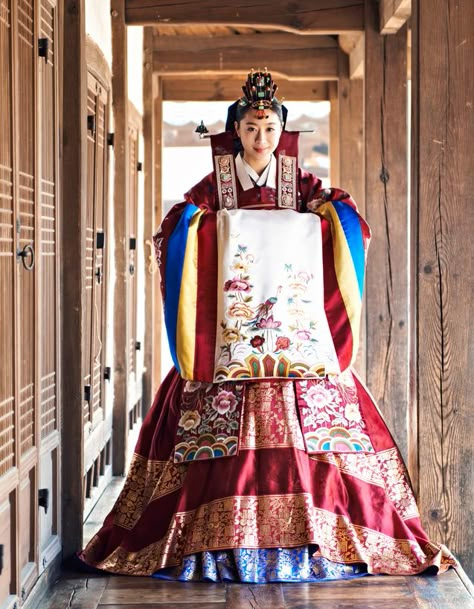 Bride hanbok at traditional Korean wedding South Korean Wedding, Wedding Dress Korean Style, Hanbok Wedding, Traditional Korean Clothing, Korean Bride, Scandinavian Wedding, Korean Wedding Dress, Hanbok Traditional, Korean Traditional Clothing