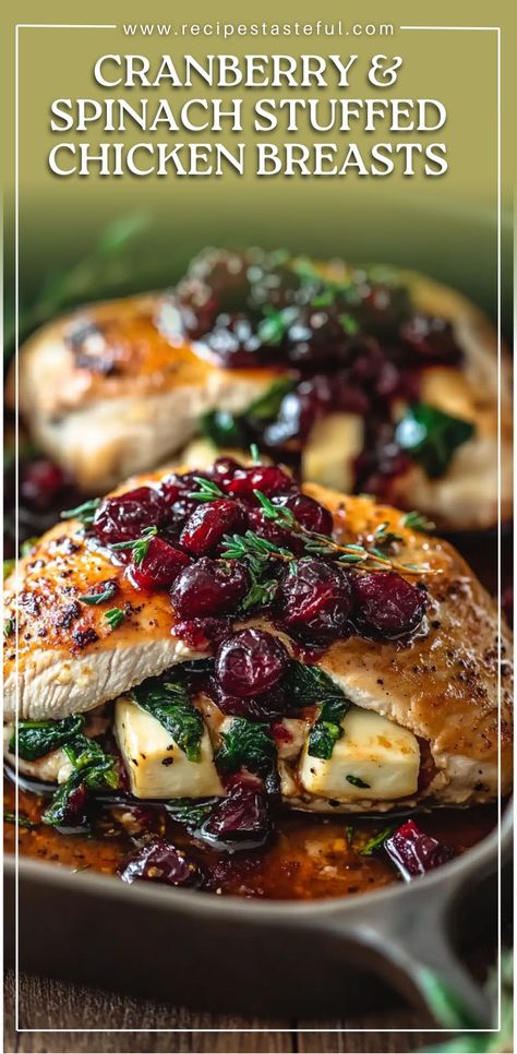 Tender chicken breasts stuffed with a flavorful mixture of spinach, dried cranberries, and creamy brie cheese, topped with a sweet and tangy honey-balsamic glaze Chicken Brie Recipe, Holiday Chicken Recipes, Dried Cranberries Recipes, Stuffed Chicken Breast Spinach, Stuffed Chicken Breasts, Cranberry Chicken, Recipe Using Chicken, Stuffed Chicken Breast, Cranberry Recipes