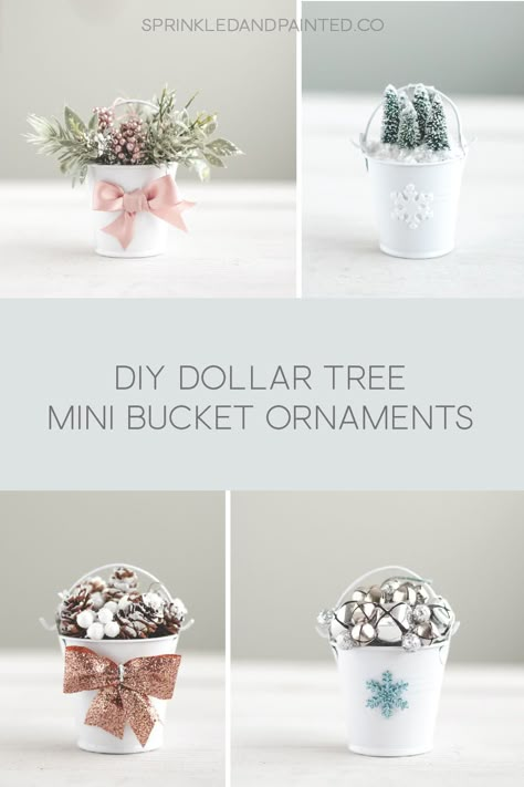 Mini Bucket Tree Ornaments Mini Bucket Crafts, Small Bucket Craft Ideas, Mini Pail Crafts, Tiny Bucket Crafts, Christmas Gift Clear Bucket Container, Crafts With Dollar Tree Small Metal Bucket, Small Metal Bucket Crafts, Bucket Of Snowballs Ornament, Snow Ball Bucket Ornament