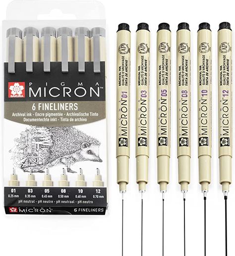 Okay, I swear by these pens, I use them when creating watercolour illustrations, the ink is smooth and water resistant and smudge resistant, I find these work best on a smoother paper compared to the textured cold press papers. This pack contains 6 nib sizes - 01/03/05/08/10/12 Follow the link to get yours! #pens #art #artist #drawing #micron #sakurapigmamicron #amaon #sale #shopping #stationary Sakura Pigma Micron, Micron Pen, Royal Talens, Art Pens And Markers, Fineliner Pens, Black Sharpie, Blister Pack, Art Pens, Marking Tools