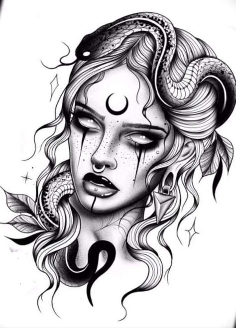 Goddesses Tattoo, Mythology Goddesses, Medusa Tattoo Design, Girl Face Tattoo, Snake Tattoo Design, Witch Tattoo, Goddess Tattoo, Medusa Tattoo, Dark Art Tattoo