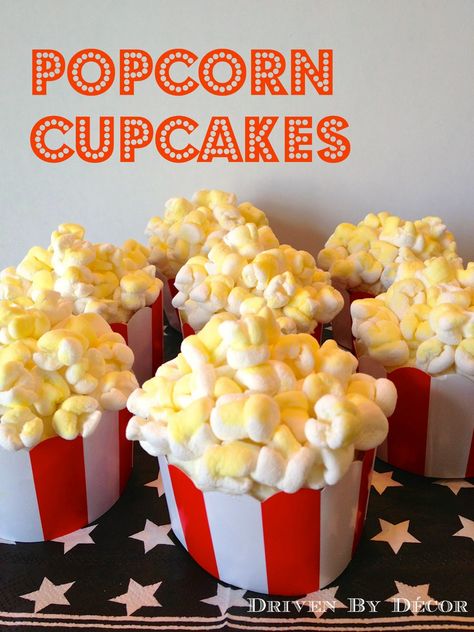 Movie Themed Birthday Party: Popcorn Cupcakes (made with marshmallows!) Birthday Party Popcorn, Movie Themed Birthday Party, Popcorn Cupcakes, Outdoor Movie Party, Movie Theme Birthday Party, Backyard Movie Party, Party Popcorn, Movie Night Birthday Party, Movie Birthday Party