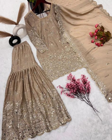 **👉 Rate:-1549+ship/-* Presenting New Sharara Collection Faux Georgette Top-Bottom And Dupatta Set Fully Stitched Ready To Wear 🔥😍🥰* *Fabric Detail* 💃👚*Top*👚💃 *Top Fabric* :Pure Heavy Chinnon Silk With Heavy Embroidery Sequence Work with Real Mirror Hand Work With Full Sleeve *Top Inner* :Heavy Micro Cotton *Top Length* : 36-37 Inch *Top Size*. : *M(38),L(40), Xl(42), Xxl(44)* *(FULLY STITCHED READY TO WEAR)* 💃👚 *Sharara*👚💃 *Sharara Fabrics* :Pure Heavy Chinnon Silk With Embrodary Si... Punjabi Sharara Suits, Punjabi Sharara, Full Sleeve Top, Georgette Tops, Sharara Suit, Designer Salwar, Designer Salwar Suits, Heavy Embroidery, Sequence Work