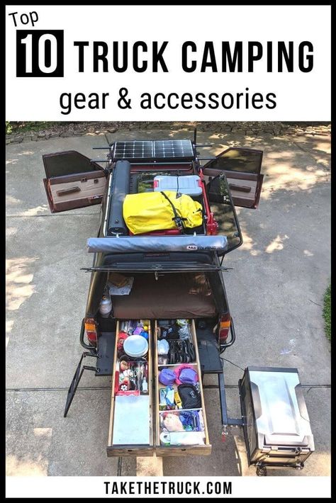 Top 10 truck camping accessories and truck bed camping gear or overland truck gear that we recommend, whether you’re new to pickup truck camping or an old pro! Subaru Camping, Truck Shells, Vehicle Camping, Camping Truck, Pickup Trucks Camping, Camping Gear Gadgets, Camping Gear List, Camping Things, Camper Truck