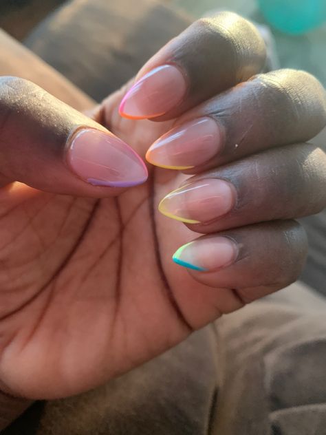 Almond Nails Multicolor Tips, Split Color French Tip Nails, Short Almond French Tip Nails Color, Extra Short Almond Nails Designs, Multicolor French Tip Nails Almond, Lined French Tip Nails, Summer Nails French Tip Color Combos, Almond Nails French Tip Color, Colored French Tip Nails Almond