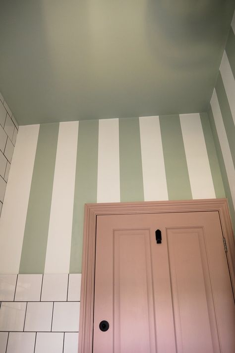 Striped Wall Bathroom, Stripe Wallpaper Bathroom, Bathroom Stripes, Striped Bathroom Walls, Pink Striped Walls, Play Nook, Striped Bathroom, Coral Bathroom, Kid Bedrooms