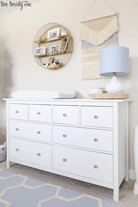 Nursery Dresser #nursery #nurserydecor #baby #babyboy #nurseryideas #nurseryart #nurseryroom #nurseryfurniture Ikea Baby, Ikea Hemnes Dresser, Hemnes Dresser, Ikea Nursery, Baby Dresser, Ikea Dresser, Changing Table Dresser, Nursery Dresser, Nursery Room Design