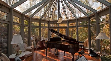 Woodland Retreat Aluminum Conservatory Piano Sunroom, Piano Home, Grand Piano Room, Piano Living Rooms, Woodland Retreat, Screening Room, Piano Studio, Piano Room, Forest View