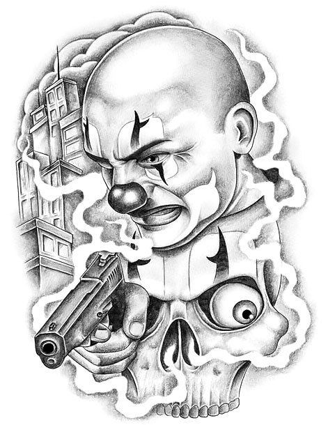 Awesome Chicano clown with the pistol. Design for man's sleeve. Style: Chicano. Color: Gray. Tags: Cool, Crazy, Awesome Boog Tattoo, Traditional Chicano Tattoos, Prison Drawings, Evil Clown Tattoos, Gangster Clown, Art Chicano, Chicanas Tattoo, Abc Font, Mexican Tattoo