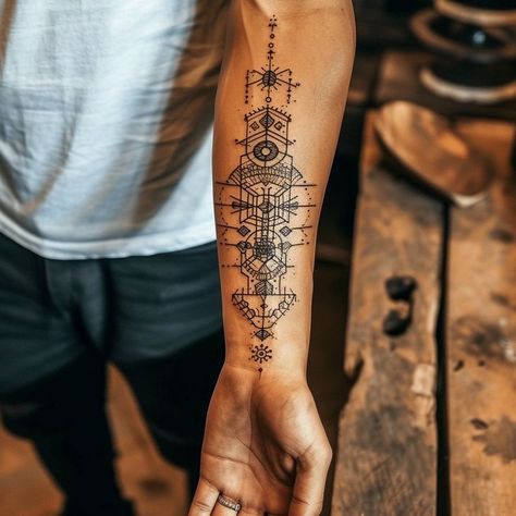 Detailed geometric forearm tattoo design in craftsman's workshop, showcasing symbols and patterns for personal expression. Geometric Forearm Tattoo, Tattoo For Back, Map Tattoos, Forearm Tattoo Design, Tattoo Set, Forearm Tattoos, Forearm Tattoo, Showcase Design, Arm Tattoo