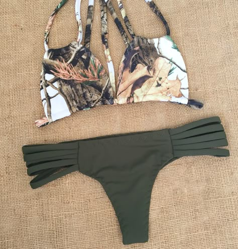 Realtree camouflage camo olive green bikini swimsuit handmade email nanibikini@gmail.com to order Cute Country Bathing Suits, Cute Western Bikinis, Western Swimsuits Bikinis, Country Bathing Suits, Country Bikinis, Western Bathing Suits, Western Bikinis, Cowgirl Swimsuit, Country Swimsuit