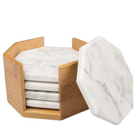 White Carrara Marble Coasters With Bamboo Holder Marble Accessories, Desain Pantry, Marble Furniture, White Carrara Marble, Hexagon Coasters, Coaster Holder, Marble Decor, Marble Coasters, Carrara Marble