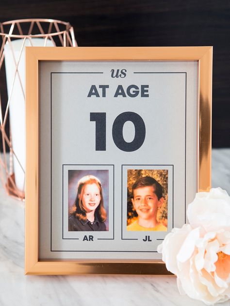 These DIY "Us At Age" Photo Table Numbers Are The Absolute BEST! Photo Table Numbers, Christmas Wedding Themes, Wedding Planner Checklist, Diy Table Numbers, Photo Table, Age Photos, Future Wedding Plans, Cute Wedding Ideas, Wedding Dinner